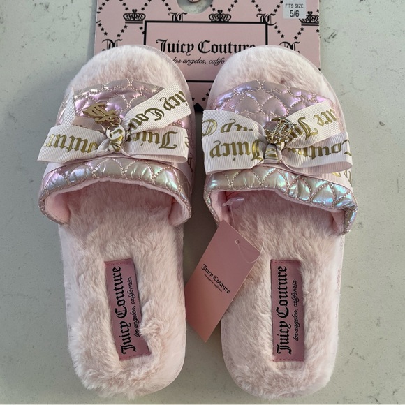 Juicy Couture Shoes - Juicy Couture Pink faux fur inside quilted upper Slippers with gold charms New